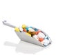 Healthcare concept of ladle with scoop of various medicine tablet, caplets, pills, capsule