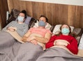 Sick family in protective masks lying in bed