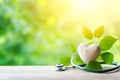 Healthcare concept. Stethoscope and green heart on wooden table with nature bokeh background