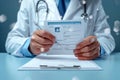 Healthcare confirmation Doctor signs document, approving patients treatment plan