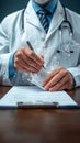 Healthcare confirmation Doctor signs document, approving patients treatment plan