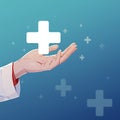 Healthcare connection Hand receives medical icon, introducing health care concept