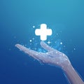 Healthcare connection Hand receives medical icon, introducing health care concept