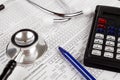 Healthcare costing. Medical phonendoscope, calculator