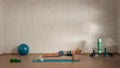 Healthcare creative advertisement concept. Woman fitness coach in the room doing static elbow plank. Royalty Free Stock Photo