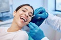 Healthcare, dentist tools and portrait of woman for teeth whitening, service and dental care. Medical consulting Royalty Free Stock Photo