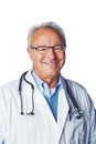 Healthcare, doctor and portrait of senior man in studio for medical, goals and white background space. Face, health and