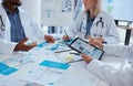 Healthcare doctors and meeting documents with tablet data for business discussion in office. Medical paperwork Royalty Free Stock Photo