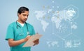 male doctor with clipboard over world statistics Royalty Free Stock Photo