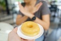 Healthcare food young asian woman using hand putting away say no for free dieting. Fast food junk food, healthy and good Royalty Free Stock Photo