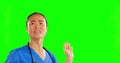 Healthcare, green screen and a nurse swatting or dodging flies in studio on a chromakey background. Medical, mockup and