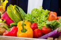 Healthcare with healthy eating, Multicolored of fresh vegetable in wood crate Royalty Free Stock Photo