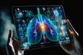 Healthcare hologram display on digital tablet, medical technology concept. generative ai