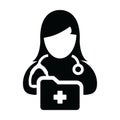 Healthcare icon vector female doctor person profile avatar with stethoscope and medical report folder for medical consultation