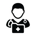 Healthcare icon vector male doctor person profile avatar with stethoscope and medical report folder for medical consultation