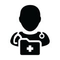 Healthcare icon vector male doctor person profile avatar with stethoscope and medical report folder for medical consultation