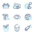 Healthcare icons set. Included icon as Farsightedness, Medical analytics, Medical syringe signs. Vector
