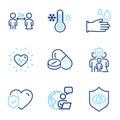 Healthcare icons set. Included icon as Rubber gloves, Medical drugs, Thermometer signs. Vector