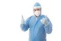 Healthcare or industrial worker in protective hazmat suit thumbs up