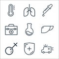healthcare line icons. linear set. quality vector line set such as ambulance, protection, female, liver, tube, first aid kit, Royalty Free Stock Photo