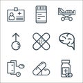 healthcare line icons. linear set. quality vector line set such as pill, capsule, blood pressure, brain, wound, male, bed, bottle Royalty Free Stock Photo