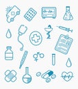 Healthcare line style medical doodle set collection with flat cartoon style -