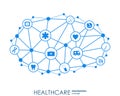 Healthcare mechanism concept. Abstract background with connected gears and icons for medical, health, strategy, care