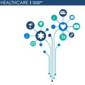 Healthcare mechanism concept. Abstract background with connected gears and icons for medical, health, strategy, care, medicine, ne