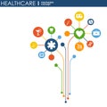 Healthcare mechanism concept. Abstract background with connected gears and icons for medical, health, strategy, care, medicine, ne