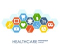 Healthcare mechanism concept. Abstract background with connected gears and icons for medical, health, strategy, care, medicine, ne