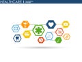 Healthcare mechanism concept. Abstract background with connected gears and icons for medical, health, strategy, care, medicine, ne