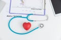 Healthcare and medical concept, Closeup stethoscope ,injection needle and heart on medical treatment chart