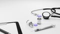 Syringe and ampoules vaccine, stethoscope, medical clipboard with white background, corona virus