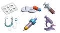 healthcare and medical 3d icon with drugs, tablet pack, capsule, syringe, pipette, stethoscope 3d illustration Royalty Free Stock Photo