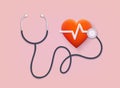 Healthcare medical horizontal poster with stethoscope and heart with beat monitor pulse line. 3D Web Vector Illustrations