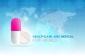 Healthcare and Medical for world, Create a medicine image on a blue background with a world map and grid.