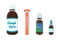 Healthcare medications in different forms set vector illustration. Bottle with pills, plastic tubes with caps, blisters