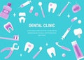 Healthcare And Medicine Concept. Dentistry Banner With Flat Icons on Blue Background. Dental Concept Frame. Healthy