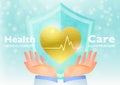 Healthcare and medicine concept. Doctor hands rising the golden heart with pulse graph against shield on bokeh background. Royalty Free Stock Photo