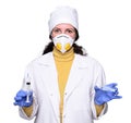 Healthcare and medicine concept. Female doctor in mask  holding syringe and ampoule Royalty Free Stock Photo