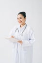 Healthcare and medicine concept - smiling female doctor. isolated on white background Royalty Free Stock Photo