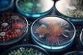 Virus or bacteria cells in a scientific laboratory petri dish. Generative AI Royalty Free Stock Photo