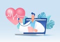 Online medical consultation with cardiology care concept. Doctor with stethoscope and heart on laptop screen. Vector illustration