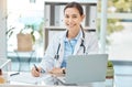 Healthcare, medicine and a doctor writing on insurance document or patient file. Happy woman working in medical field Royalty Free Stock Photo