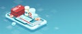 Vector of prescription drugs, first aid kit and medical supplies being sold online via smartphone application technology