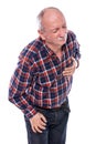 Healthcare, pain, stress and age concept. Elderly man having a heart attack over white background