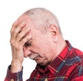 Healthcare, pain, stress and age concept. Sick old man. Senior man suffering from headach over white background