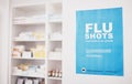 Healthcare, pharmacy or flu shots poster to promote vaccines or medicine at a drugstore. Advertising banner