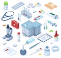 Healthcare pharmacy isometric first aid kit supplies. Healthcare medical pharmacy, drugs, bandage, stethoscope vector Royalty Free Stock Photo