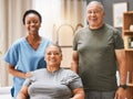 Healthcare, portrait and caregiver with senior couple for medical support, elderly care and patient rehabilitation Royalty Free Stock Photo